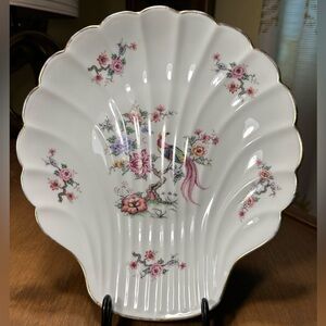 Limoges France Porcelain Scallop-Shell-Shaped Dish Floral & Peacock Pattern 10"